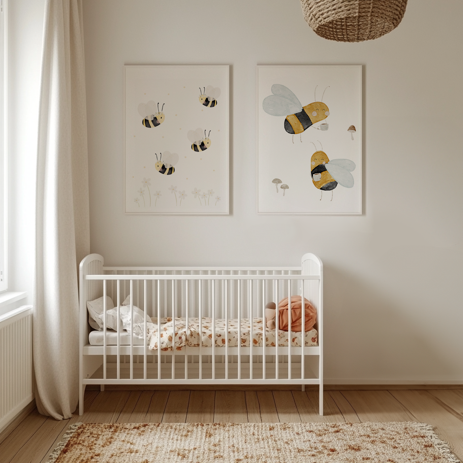 Kinderposter Bienen weiße Blumen inkl. Rahmen