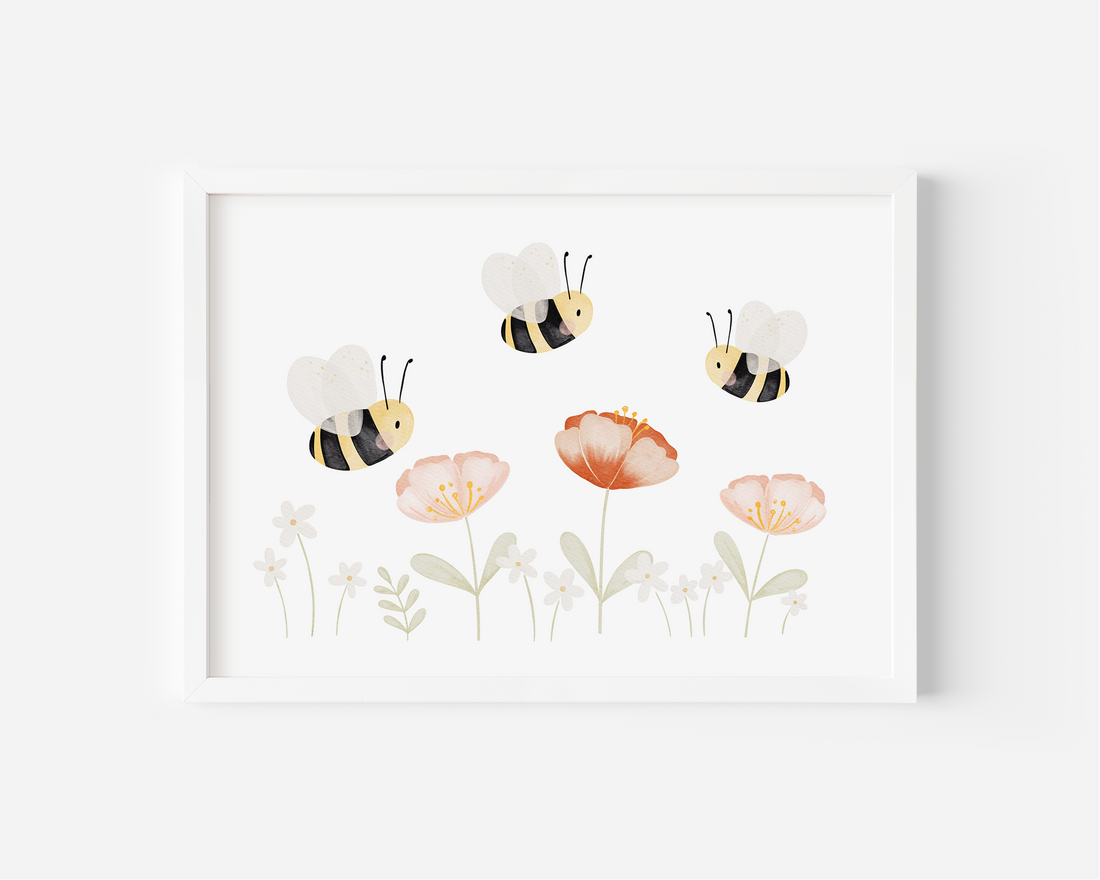 Kinderposter Bienen Blumenwiese Mohnblumen inkl. Rahmen