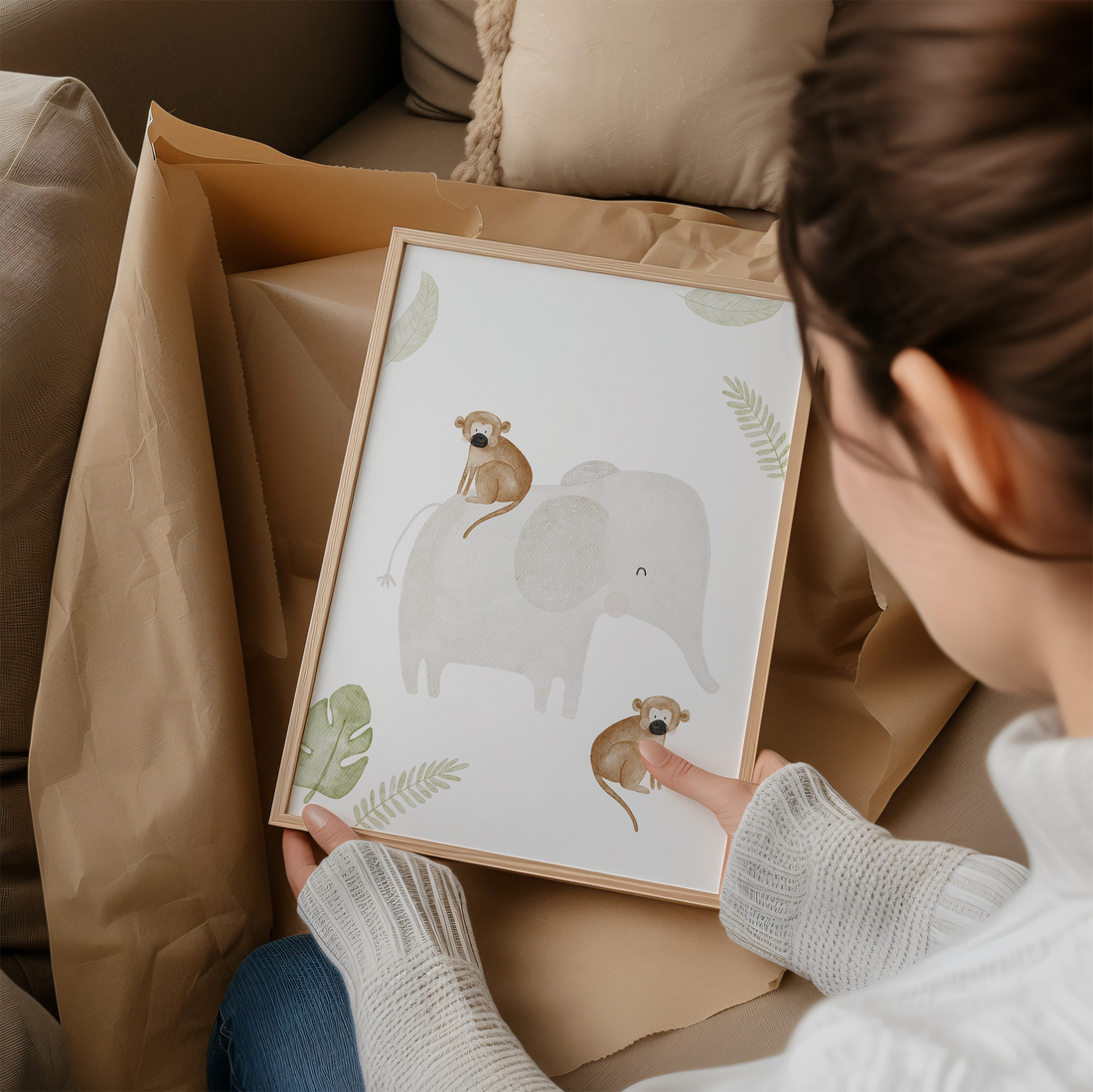 Kinderposter Elefant und Äffchen inkl. Rahmen