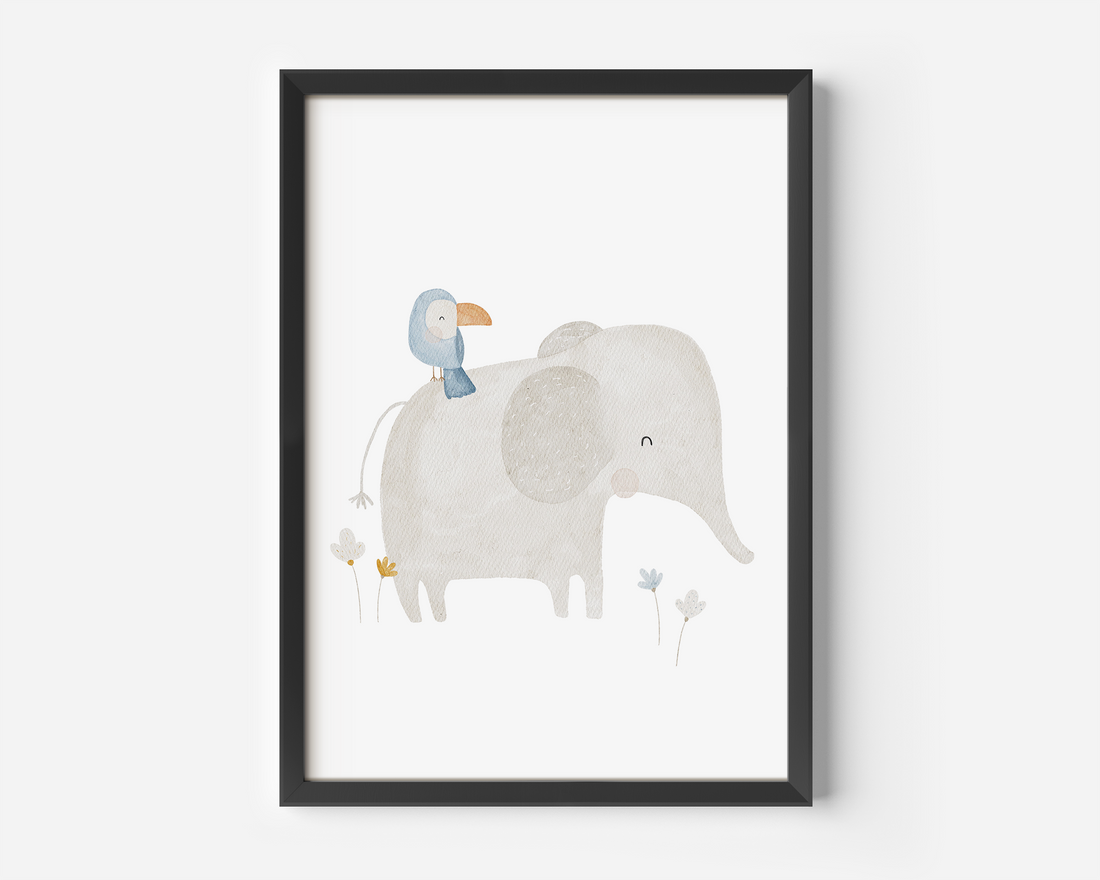 Kinderposter Elefant &amp; Tukan inkl. Rahmen