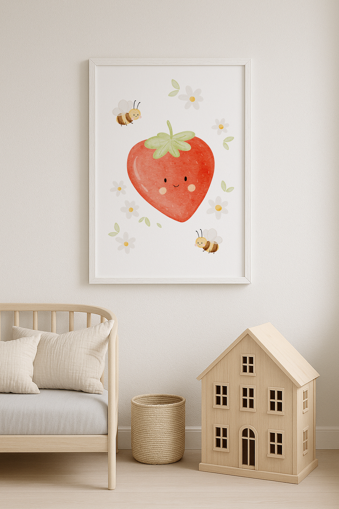 Kinderposter Erdbeere mit Bienen inkl. Rahmen