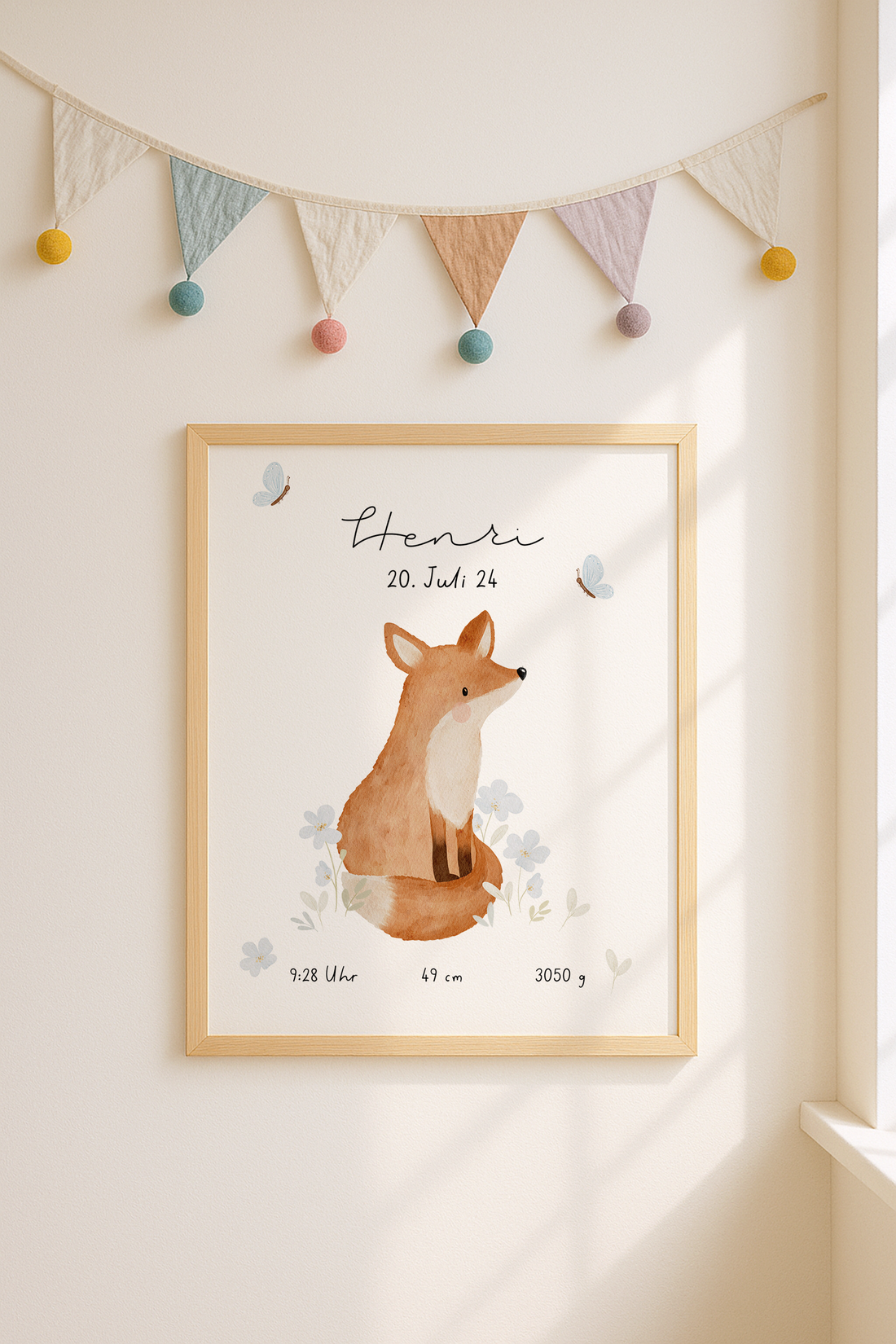 Geburtsposter Fuchs Blumen inkl. Rahmen