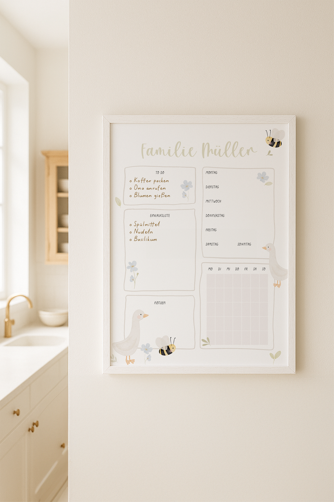 Familienplaner Gänse personalisiert mit Familiennamen inkl. Rahmen