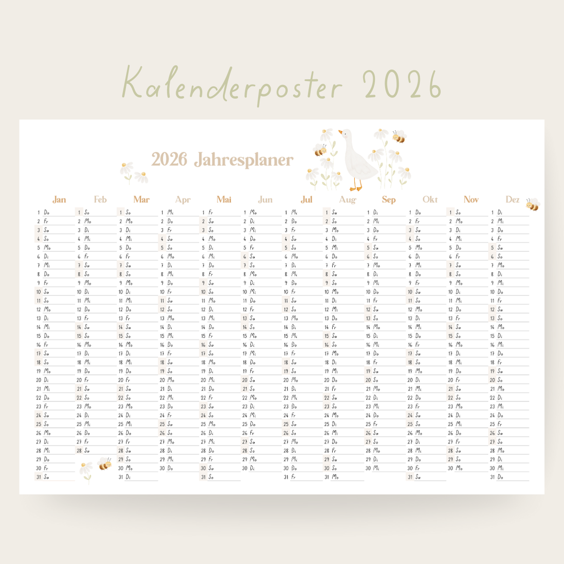 Kalenderposter 2026 Gans &amp; Bienen