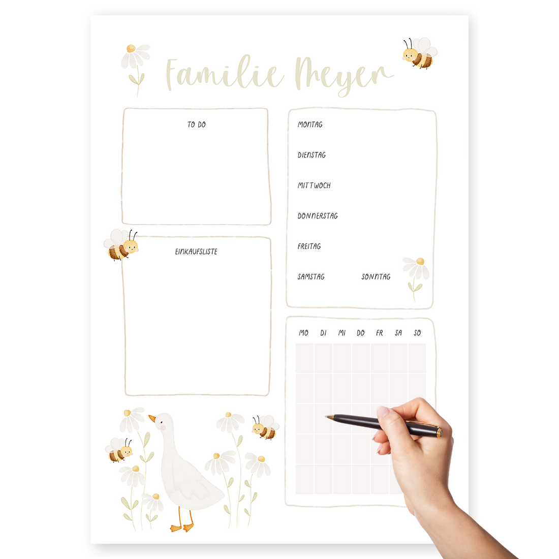 Familienplaner Gans & Bienen personalisiert mit Familiennamen
