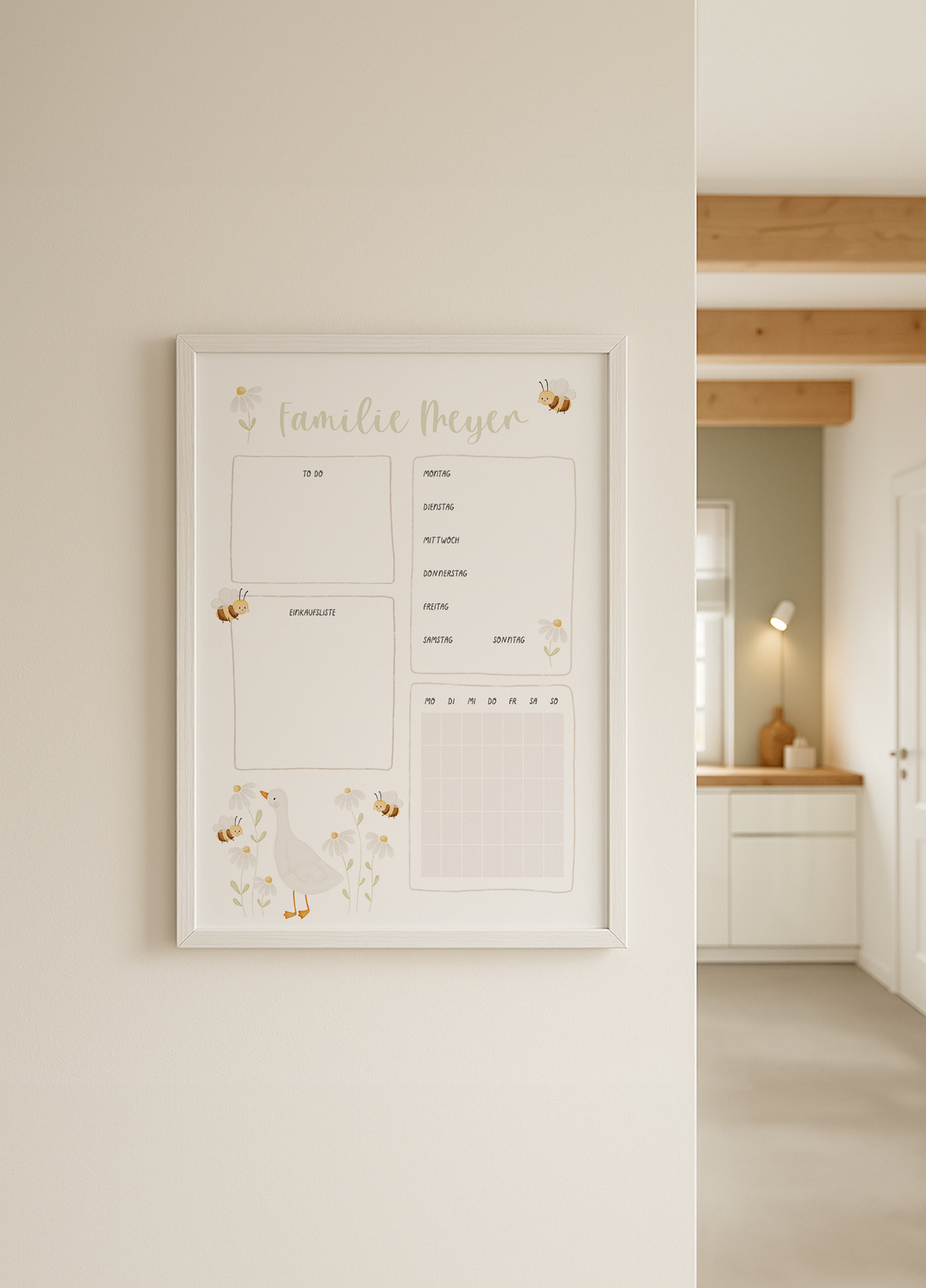Familienplaner Gans & Bienen personalisiert mit Familiennamen inkl. Rahmen