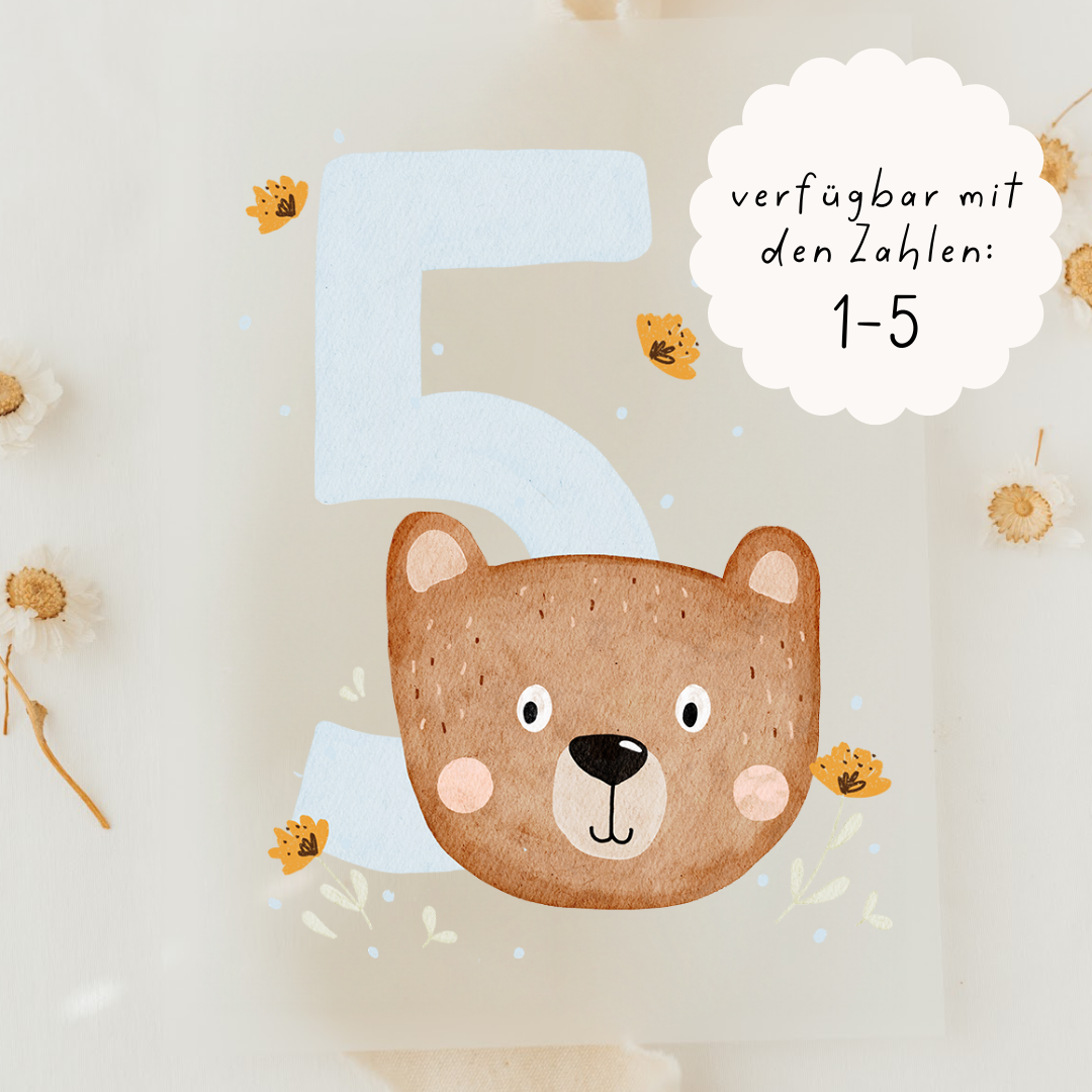 Hej Hanni Bügelbild Geburtstag Zahl Blumenbär