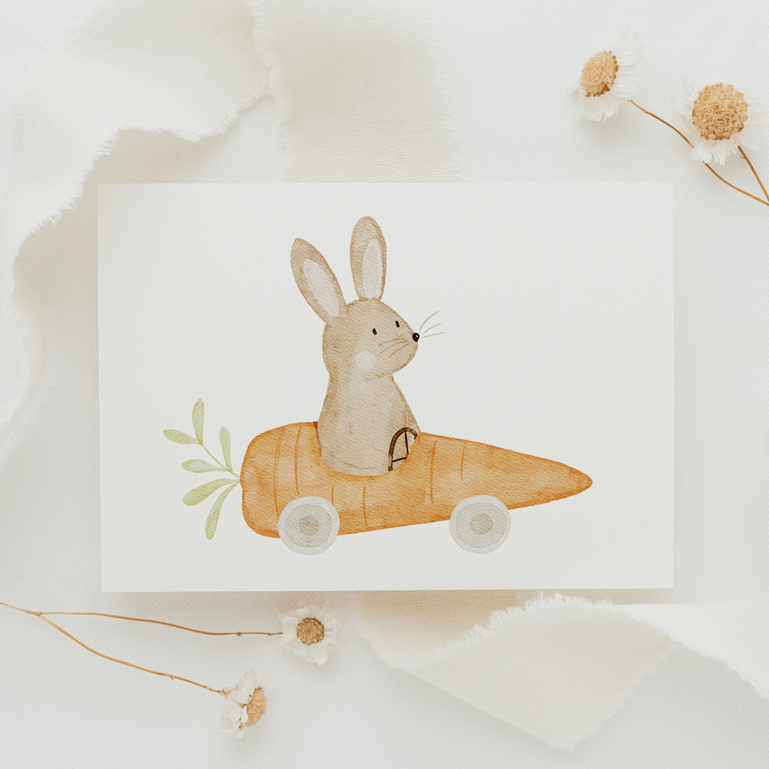 Hej Hanni Postkarte Hase im Möhrenauto