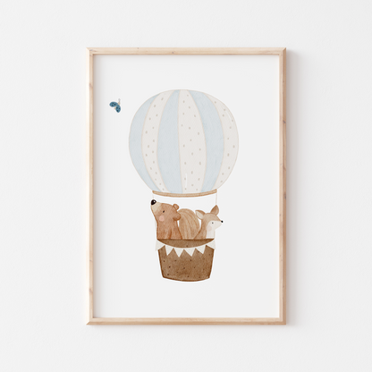 Poster Heißluftballon Bär &amp; Eichhörnchen A4
