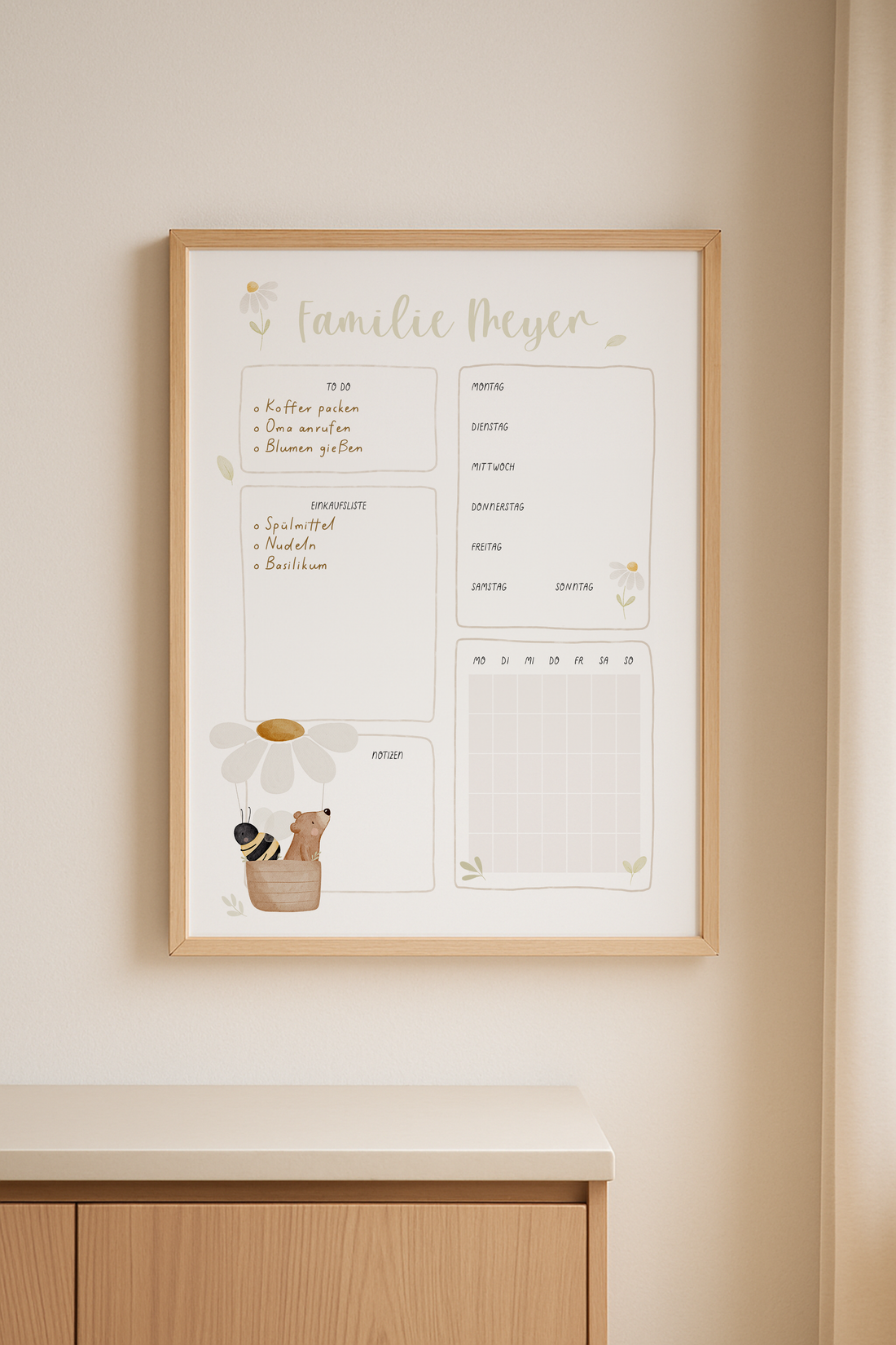 Familienplaner Heißluftballon Gänseblümchen personalisiert mit Familiennamen inkl. Rahmen