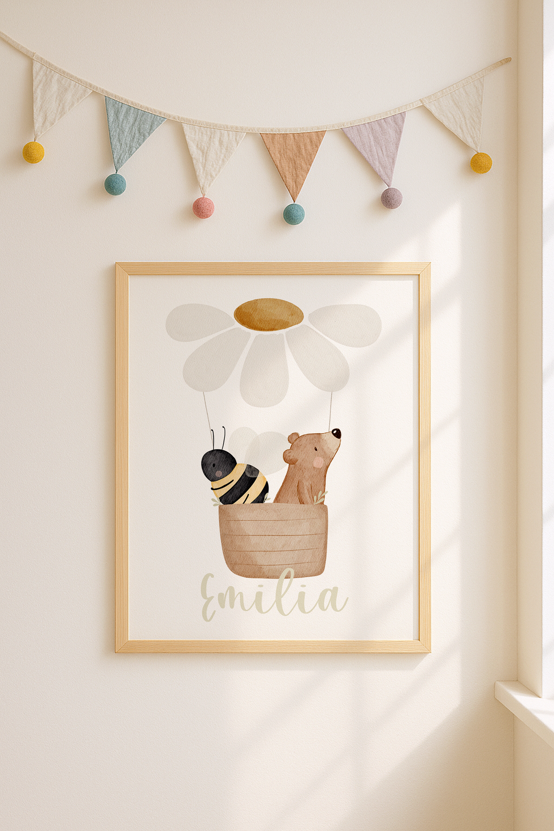 Kinderposter Name Heißluftballon Gänseblümchen