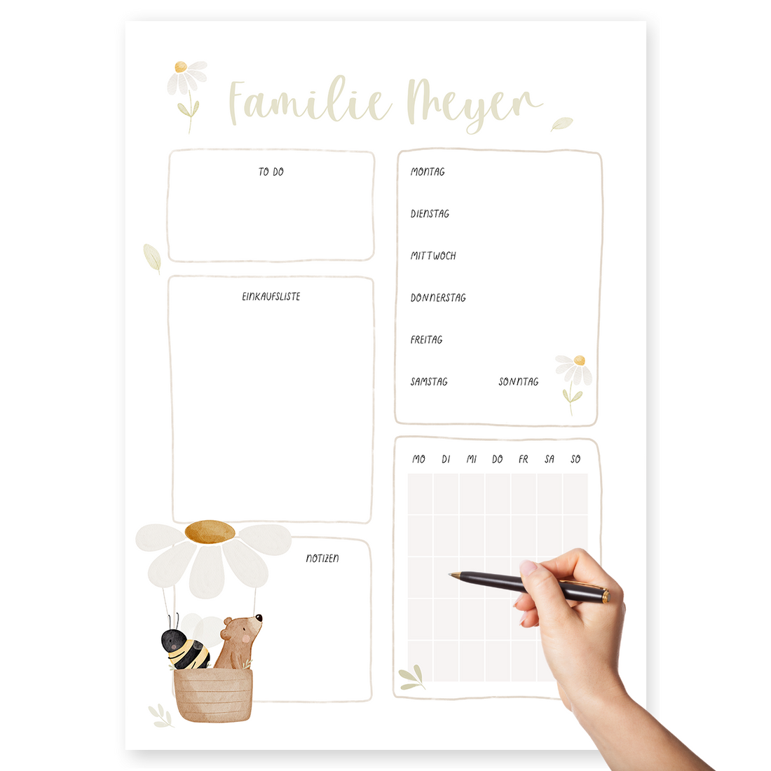 Familienplaner Heißluftballon Gänseblümchen personalisiert mit Familiennamen