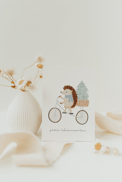 Weihnachtskarte Igel Fahrrad