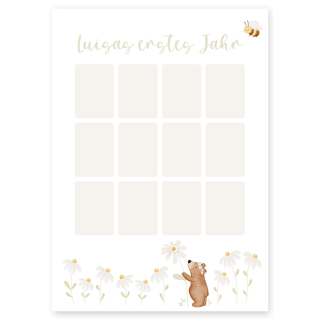 Kinderposter erstes Babyjahr Kleiner Bär mit Blume - für Fotos inkl. Rahmen