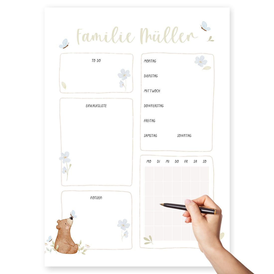 Familienplaner Kleiner Bär Schmetterling personalisiert mit Familiennamen