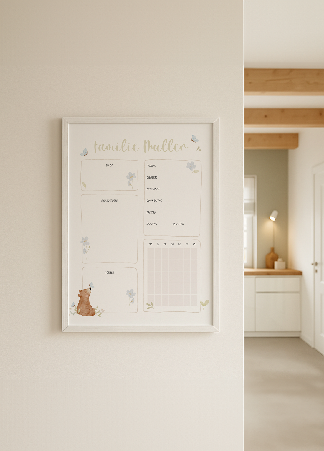Familienplaner Kleiner Bär Schmetterling personalisiert mit Familiennamen inkl. Rahmen