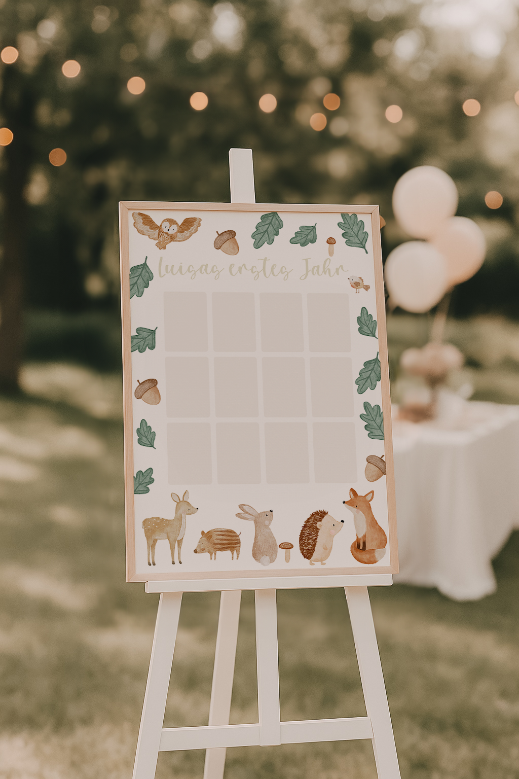 Kinderposter erstes Babyjahr Waldtiere grüne Blätter - für Fotos inkl. Rahmen
