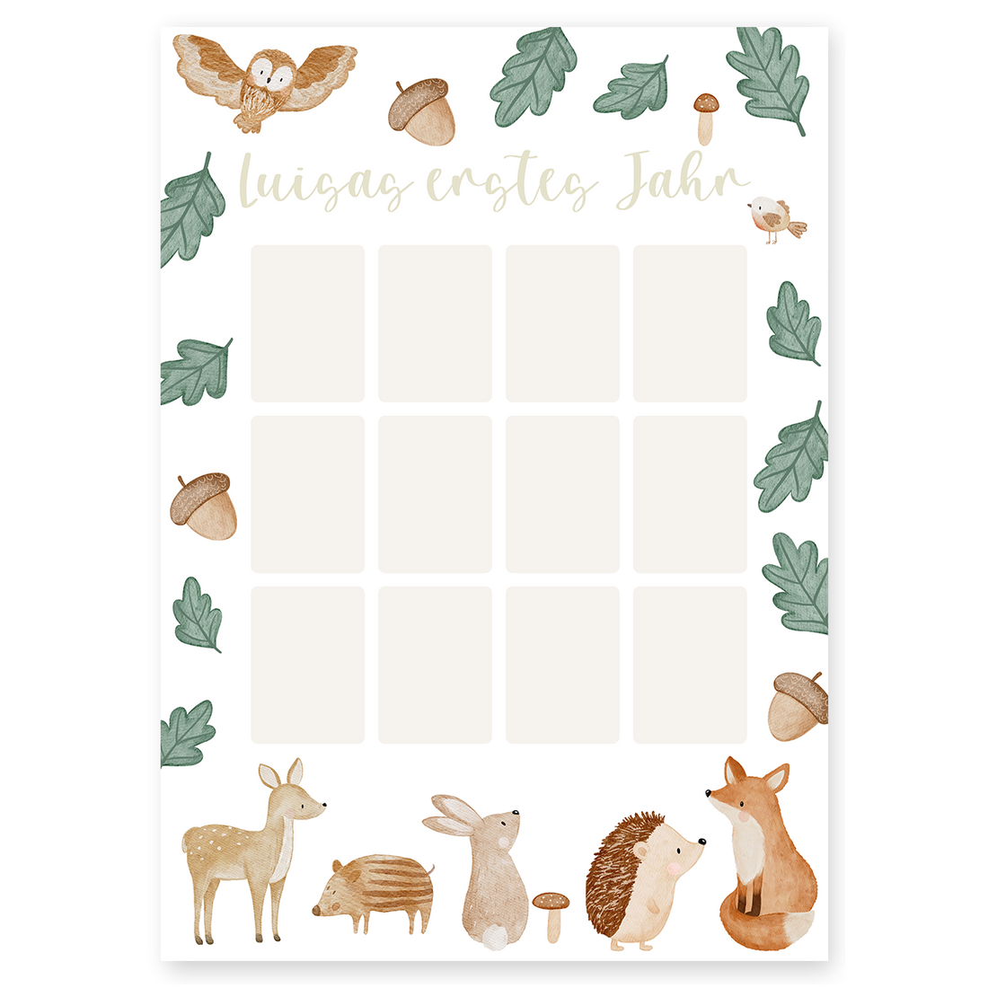 Kinderposter erstes Babyjahr Waldtiere grüne Blätter - für Fotos