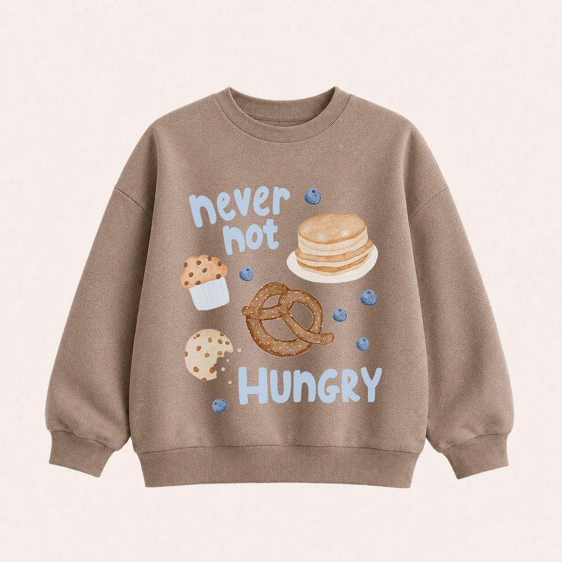 Großes Bügelbild Never not hungry blau