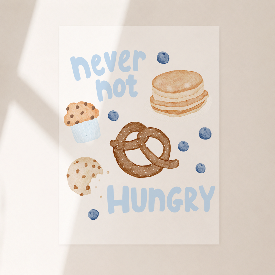Großes Bügelbild Never not hungry blau