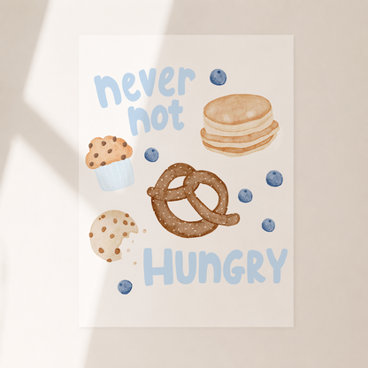 Großes Bügelbild Never not hungry blau