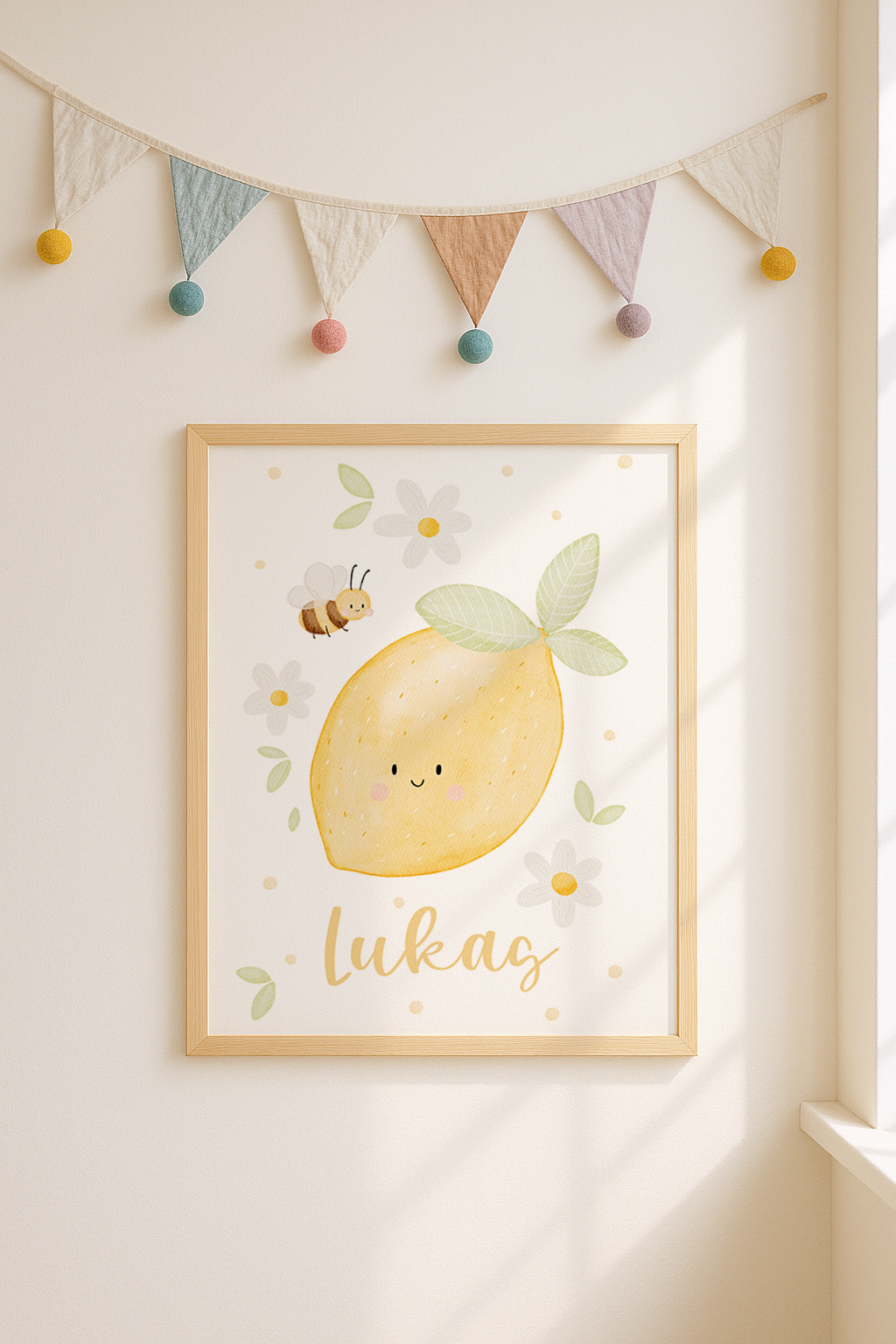 Kinderposter Name Zitrone & Biene inkl. Rahmen