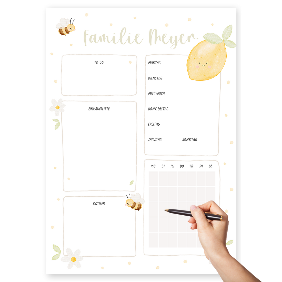 Familienplaner Zitrone & Bienen personalisiert mit Familiennamen