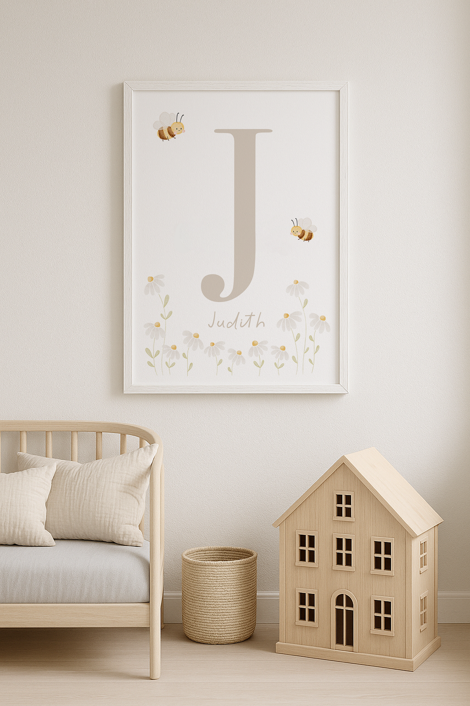 Buchstabenposter beige Bienen und Gänseblümchen