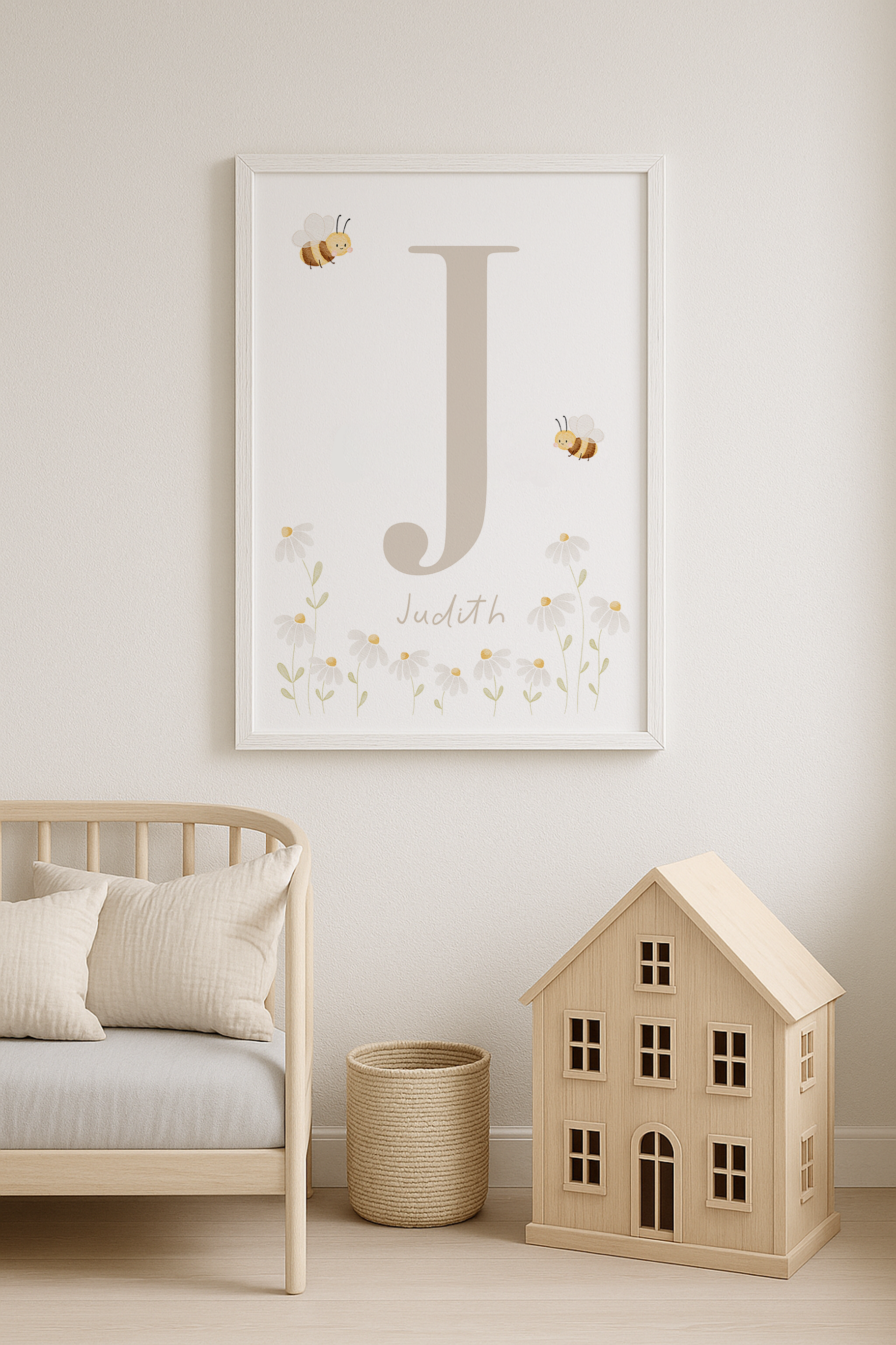 Buchstabenposter beige Bienen und Gänseblümchen