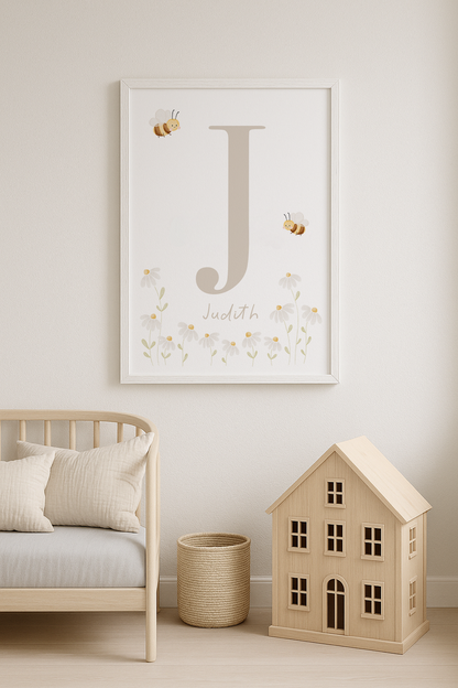 Buchstabenposter beige Bienen und Gänseblümchen
