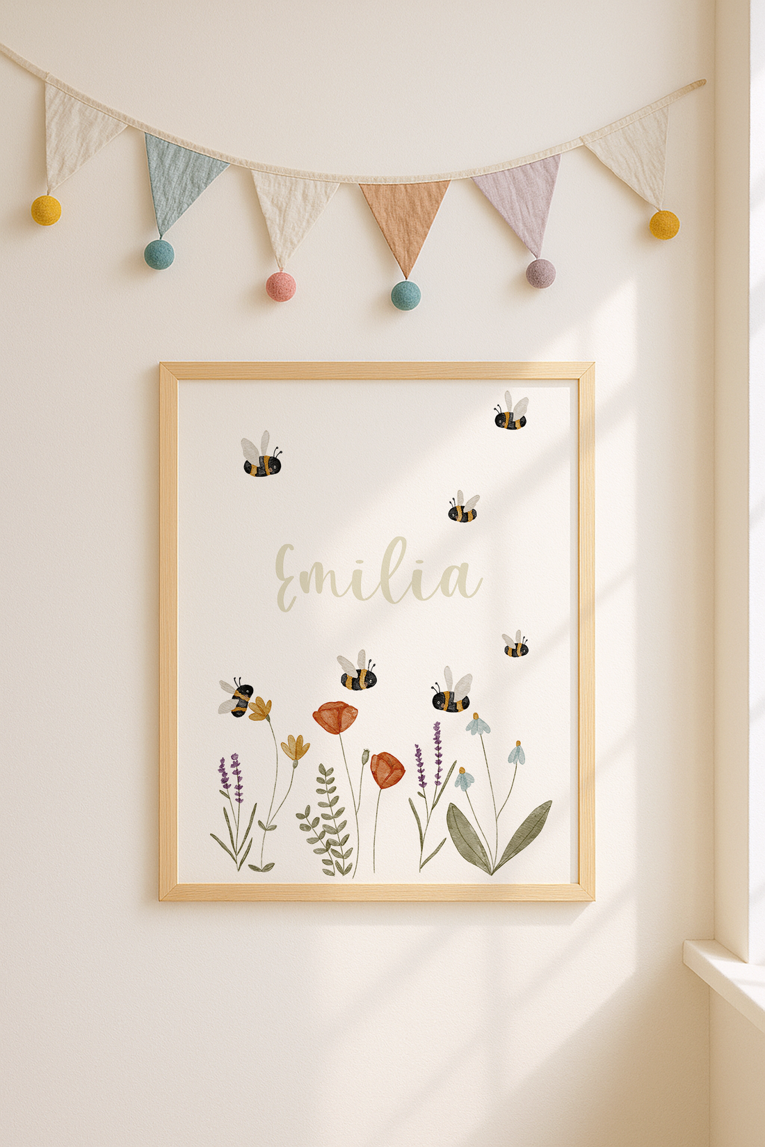 Kinderposter Name Wildblumen und Hummeln inkl. Rahmen