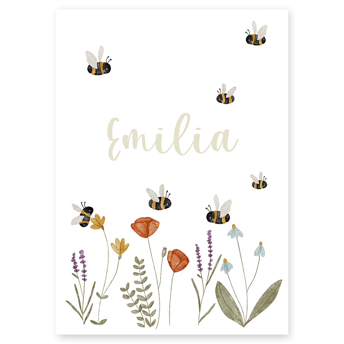 Kinderposter Name Wildblumen und Hummeln