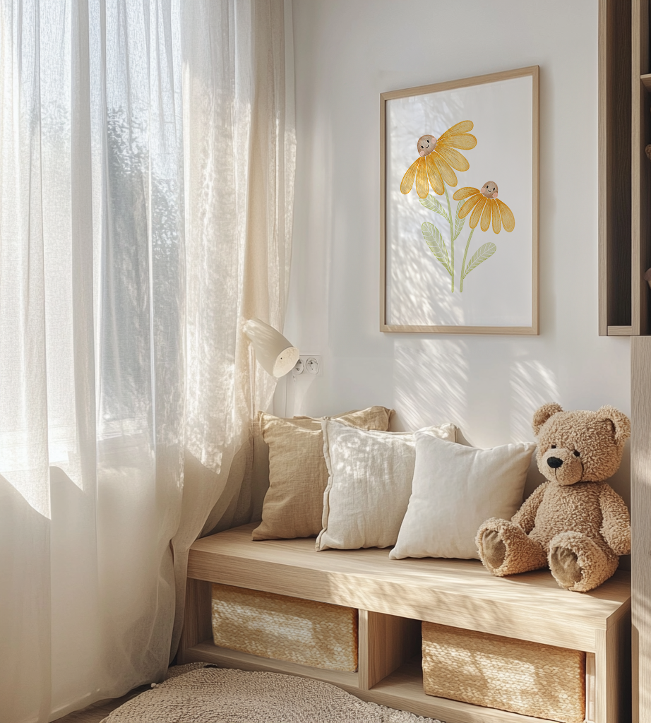 Kinderposter gelbe Blumen inkl. Rahmen