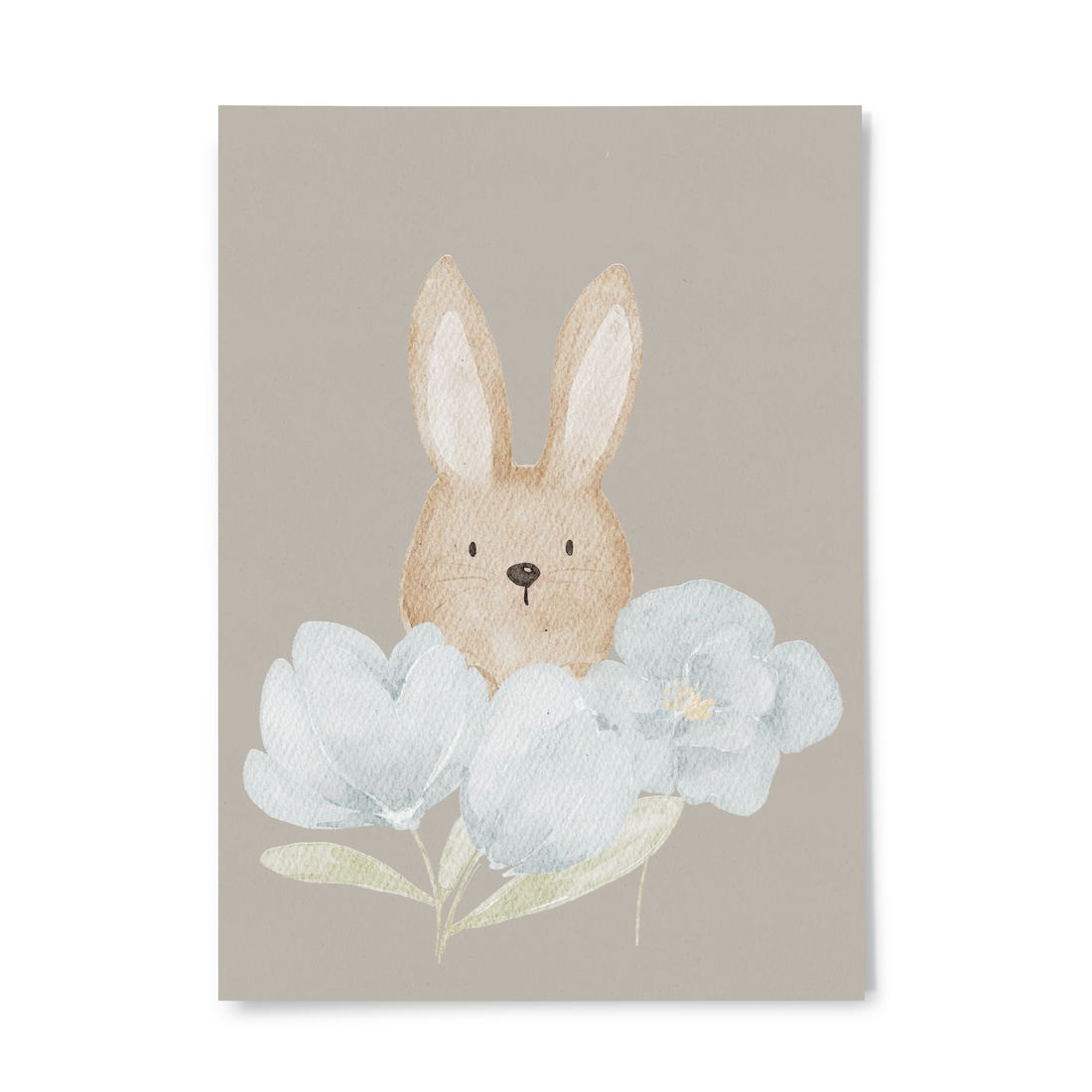 Postkarte Ostern Hase blaue Blumen beige