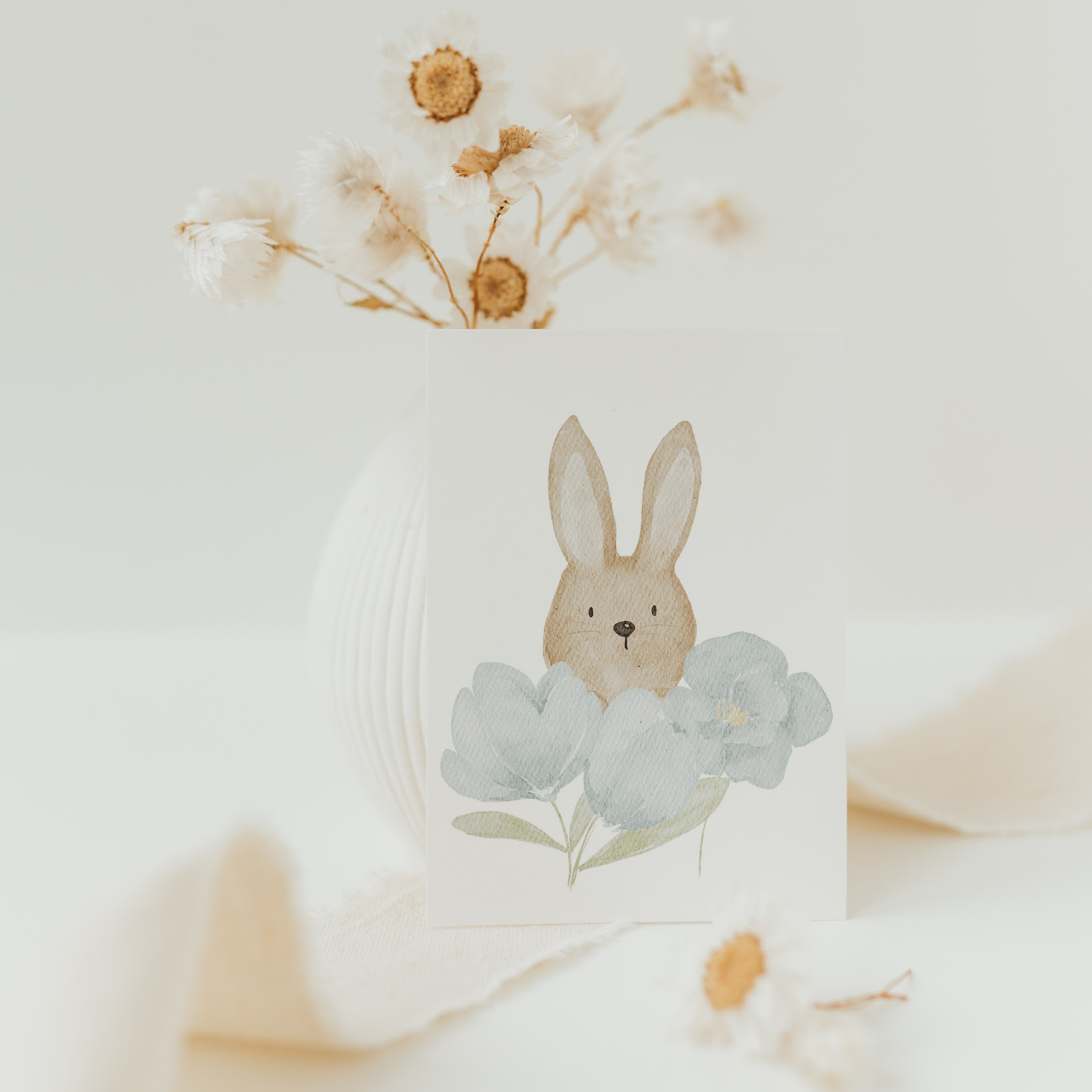 Minikarte Ostern Hase blaue Blumen weiß A7