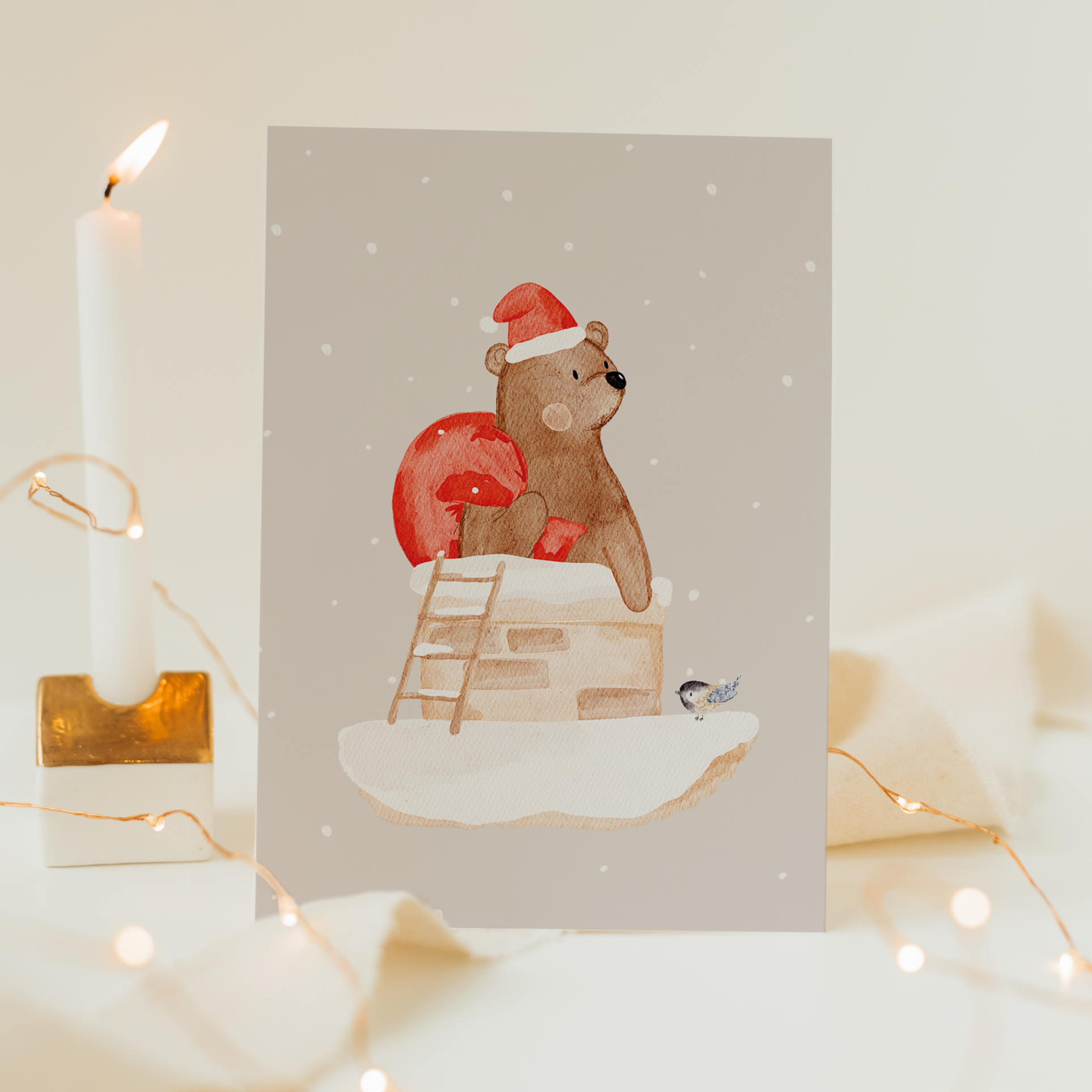 Weihnachtskarte Bär im Kamin