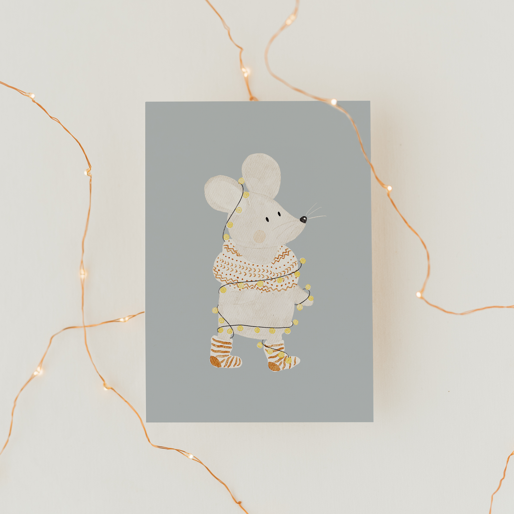 Weihnachtskarte Maus mit Lichterkette