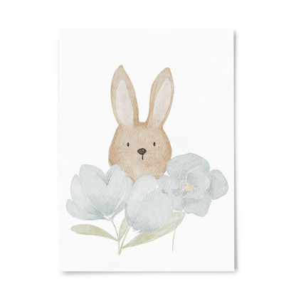 Postkarte Ostern Hase blaue Blumen weiß