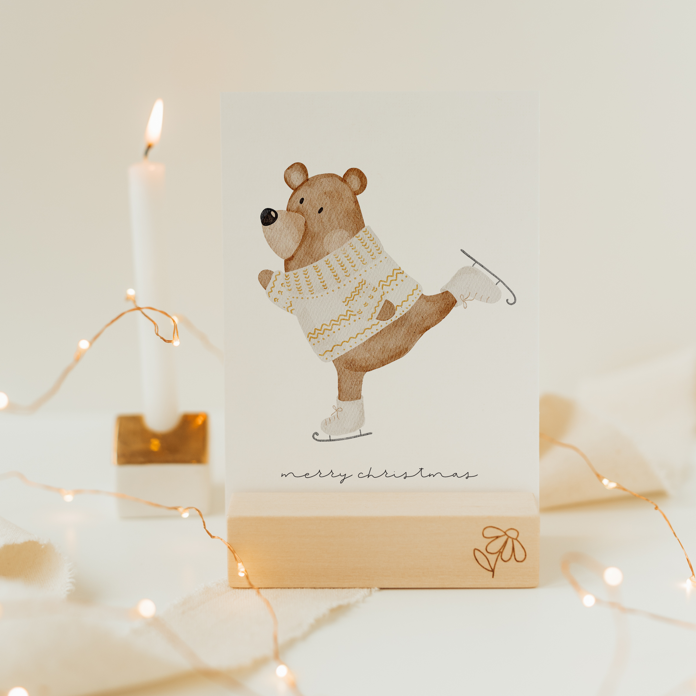 Weihnachtskarte Bär fährt Schlittschuh