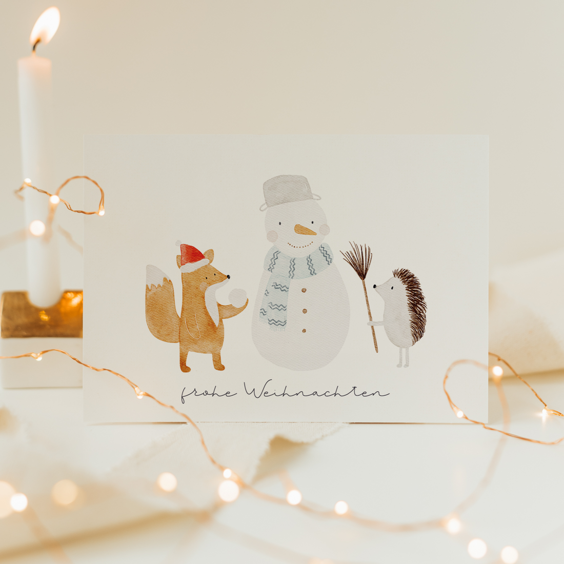 Hej Hanni Weihnachtskarte Schneemann, Fuchs & Igel