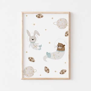 Poster Weltraumtiere Hase & Otter A4